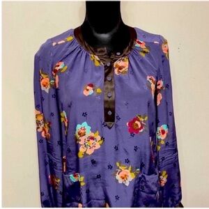 Rebecca Taylor Women's Floral Blue Yellow Silk Long-Sleeve Blouse Size 4